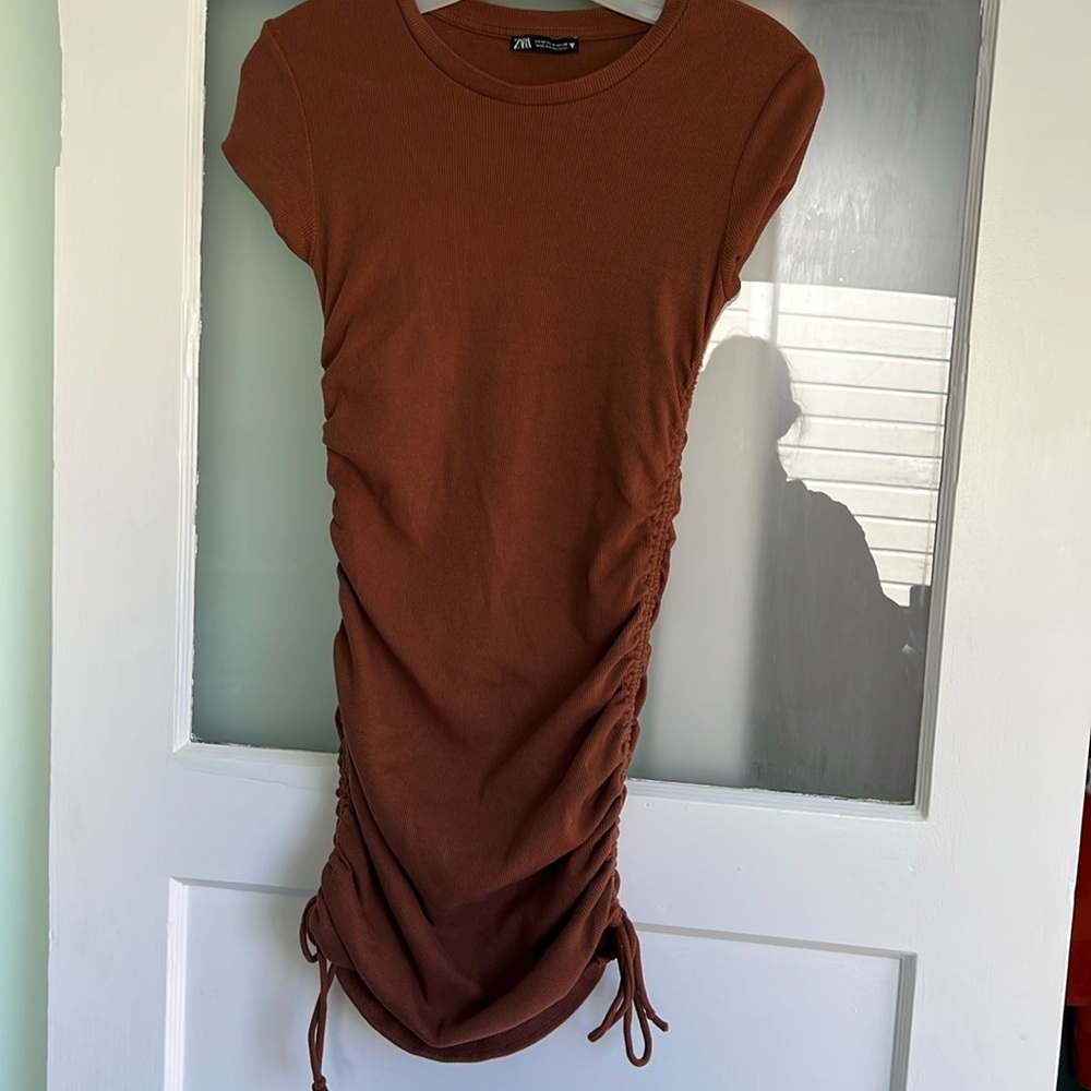 Zara ribbed bodycon ruche dress medium